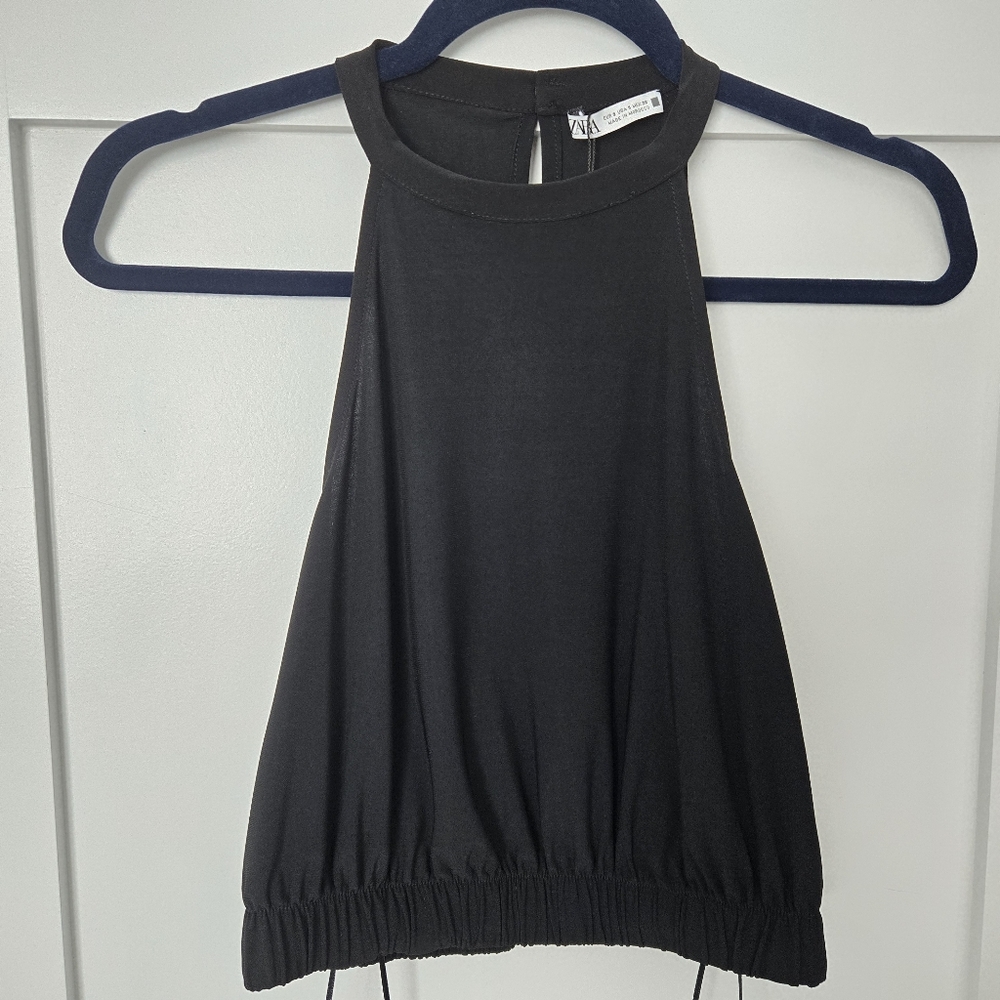 NWT Zara Size Small Black High Neck Halter Tank Top Elastic Waste
